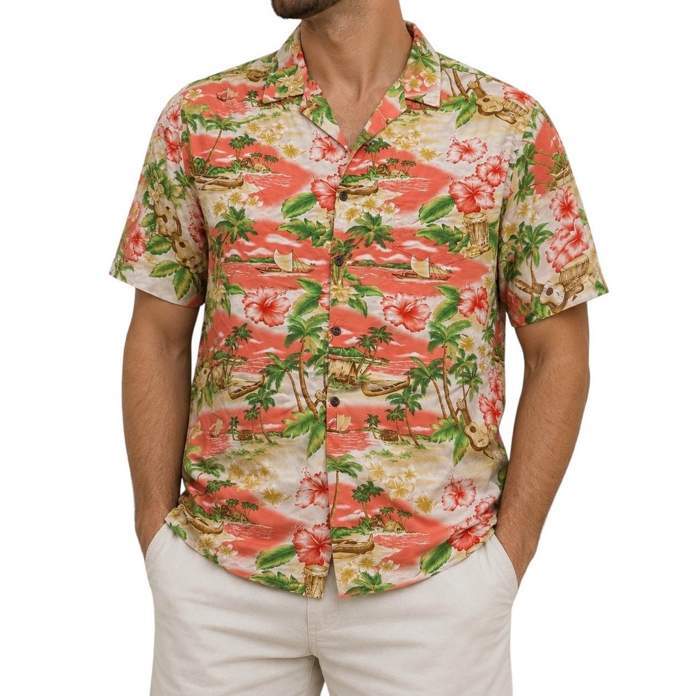 Bishop‎ St. Apparel Mens 3XL Hawaiian Shirt Orange Tropical Rayon Made in Hawaii